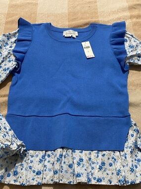 Anthropologie Royal Blue Knit Top with Floral Sleeves New w/ tags
